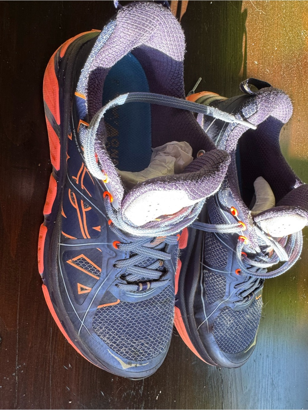 Hoka Womens Navy Blue and Orange Athletic Running Shoes